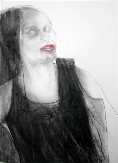 Sharon Kelly: Portrait with red lips , charcoal on paper, 76 x 56 cm; courtesy the artist